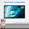 A television displaying a large wave is shown on a white wall, with a shelf below it. A marketing badge is placed on the left side of the image. Produktbild-Vorschau