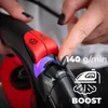 A person's hand is adjusting a dial on a steam iron, with steam graphics and text overlays. Produktbild-Vorschau