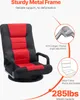 A red and black gaming chair with text overlays highlighting its features. Produktbild-Vorschau