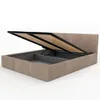 A beige upholstered bed frame with its storage compartment open, revealing the slatted mattress base. Produktbild-Vorschau
