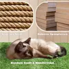 A cat is lying on a green surface in front of a background with images of rope and stacked wood panels, with text overlays describing product features. Podgląd zdjęcia produktu
