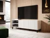 A modern living room with a TV stand and a large television mounted on a slatted wood wall. Náhled obrázku produktu