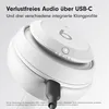 Close-up of white headphones with a USB-C cable plugged in. Produktbild-Vorschau