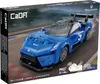 The image shows the packaging of a blue toy car model. Produktbild-Vorschau