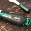 A close-up shot of a tool handle with a green accent and a metal insert with text. Produktbild-Vorschau