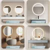 A collage of four different bathroom and vanity settings, each featuring a round LED mirror. Produktbild-Vorschau