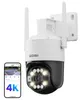 A ZOSI 4K Wi-Fi security camera is shown next to a smartphone displaying the camera's interface. Produktbild-Vorschau