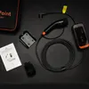 An electric vehicle charging cable and accessories laid out on a black surface. Produktbild-Vorschau