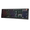 A black gaming keyboard with RGB backlighting is shown from a slightly elevated side angle against a white background. Produktbild-Vorschau