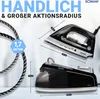 A promotional image for a Bomann steam iron, showing the iron and its base, along with text and measurements. Produktbild-Vorschau