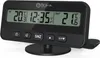 A black digital thermometer with a stand, displaying indoor and outdoor temperatures and time. Produktbild-Vorschau