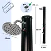 A close-up of a solar shower head and a full view of a solar shower column with dimensions indicated. Náhľad obrázku produktu