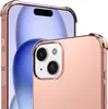 A close-up shot of an iPhone 15 case in rose gold, showing the camera cutout and the phone's screen behind it. Produktbild-Vorschau