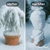 A split image showing a potted plant covered in snow on the left, and the same plant wrapped in protective fleece on the right. Produktbild-Vorschau