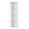 A white tall cabinet with glass shelves and one door open, showing the interior. Voir les images du produit