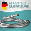 A silver shower hose is coiled on a teal background, with an exploded view of its connector and text indicating it's made in Germany. Podgląd zdjęcia produktu