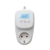 A white plug-in thermostat with a digital display and an electrical socket. Produktbild-Vorschau