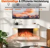 A modern electric fireplace mounted on a wall, with a TV above it. The fireplace is emitting orange light and heat waves, indicating it is in use. Decorative items and a plant are also visible. Anteprima dell’immagine prodotto