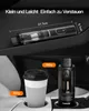A vacuum cleaner and a coffee cup are shown in car cup holders, with dimensions and weights indicated. Produktbild-Vorschau
