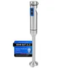 A silver hand blender is shown against a white background, with a blue and black badge attached to its side. Produktbild-Vorschau