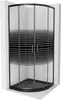 A black framed shower enclosure with a striped pattern on the glass, shown in a bathroom setting with marble-tiled walls. Podgląd zdjęcia produktu