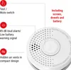 A close-up view of a white smoke detector with descriptive text and icons pointing to its features. Produktbild-Vorschau