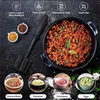 A black meat chopper is shown next to a pan of cooked ground meat, with small bowls of spices and circular insets showing ground beef, mashed potatoes, tomato sauce, and scrambled eggs. Produktbild-Vorschau