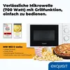 A marketing image for a microwave oven, featuring the product, awards, and promotional text. Produktbild-Vorschau