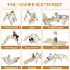 A collage of nine different wooden children's climbing toys, each with a child interacting with it and a German label. Podgląd zdjęcia produktu