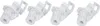 Four white plastic transport locks for a washing machine are arranged diagonally on a white background. Produktbild-Vorschau