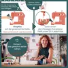 An illustration showing how to use sewing machine oil, followed by a photograph of a woman using a sewing machine. Podgląd zdjęcia produktu