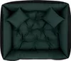 A top-down view of a green and black dog bed with two small pillows. Voir les images du produit