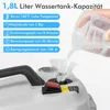 A hand is pouring water into a steam cleaner through a funnel. The steam cleaner has a handle and some buttons. Text overlays describe the features of the steam cleaner. Anteprima dell’immagine prodotto