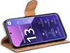 A smartphone in a book-style case, displaying product specifications on its screen. Produktbild-Vorschau