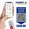 A hand holding a smartphone displaying a technical data sheet, next to a product tube and a QR code for downloading technical data. Produktbild-Vorschau