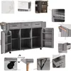 A collage of images showcasing a gray kitchen cart with a white marble-effect countertop, highlighting its features and dimensions. Podgląd zdjęcia produktu