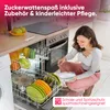 A woman is loading a dishwasher in a kitchen, with kitchen appliances visible in the background. The image includes text overlays and some colorful dishes. Podgląd zdjęcia produktu