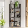 A grey corner bookshelf filled with decorative items and books, placed next to a window and a door. Produktbild-Vorschau