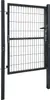 A dark gray metal garden gate with a wire mesh infill, shown in an open position, attached to a dark gray post. Produktbild-Vorschau