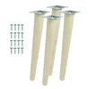 Four wooden furniture legs with metal mounting plates and a set of screws on a white background.