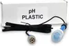 A pH sensor and its cable are laid out in front of a white box with text on it. Produktbild-Vorschau