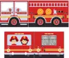 A collage of four images showing different views of a cartoon fire truck, including its side, front, back, and interior control panel. Produktbild-Vorschau