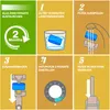 Instructional diagram for replacing a water filter, showing steps for soaking, rinsing, assembly, setting the date, and installation. Produktbild-Vorschau