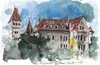 A watercolor painting of a castle with a tower on the left and a main building with red roofs. Podgląd zdjęcia produktu