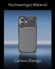A smartphone case with a carbon fiber design is shown against a blurred blue and gray background. Produktbild-Vorschau