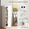 A white cabinet with its doors open, displaying shelves with items, next to a wavy mirror and a painting on the wall. Close-up insets highlight product features. Voir les images du produit