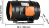 A black inline duct fan with orange accents and measurement labels. Podgląd zdjęcia produktu
