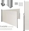 A marketing image showing a retractable side awning with mounting hardware and descriptive text. Produktbild-Vorschau