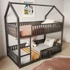 A bunk bed with a house-like frame, decorated with stuffed animals and pillows. Anteprima dell’immagine prodotto