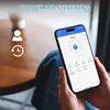 A person is holding a smartphone displaying a smart lock app interface. Produktbild-Vorschau